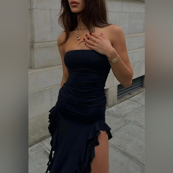 Sexy Y2K Black Stretch Maxi Date Dress Long Gown High Slit Ruffle Strapless LBD - Picture 7 of 14